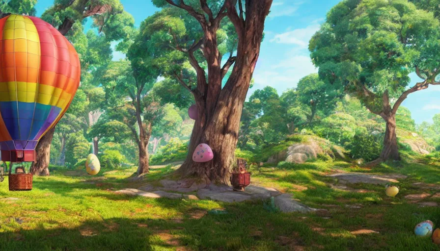 Prompt: a colorful easter egg as hot air balloon, beautiful ancient trees, hiding large treasure chest, serene evening atmosphere, soft lens, soft light, cel - shading, animation, in the style of cgsociety, deviantart, artstation, zbrush, cinema 4 d, studio ghibli, akihiko yoshida, atelier lulua, masamune shirow