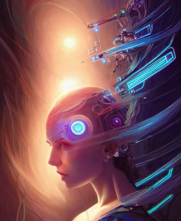 Image similar to a whirlwind of souls rushing inside the metaverse, hologram, half body, neurochip, shaved temple, piercing, jewelry, android, cyborg, cyberpunk face, by loish, d & d, fantasy, intricate, elegant, highly detailed, colorful, digital painting, artstation, concept art, art by artgerm and greg rutkowski and alphonse mucha