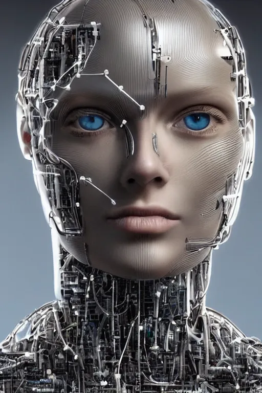 Image similar to robot with human face, female head, full body angle, woman human face, human face realistic, beautiful blonde hair, human head, human head with blonde hair, blonde hair human head, blonde hair, human realistic face, human head skin, cyborg frame concept, cyborg by ales-kotnik, sci-fi android female, the body is made of wires, robotic body, cyborg body, cyborg bust body, robot body cyborg, full body