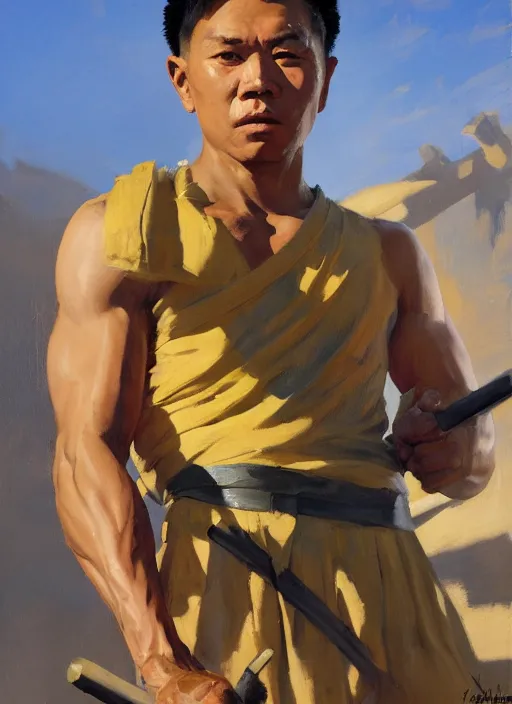 Image similar to greg manchess side portrait of a filipino fighter with a staff standing on a tank, organic painting, sunny day, matte painting, bold shapes, hard edges, street art, trending on artstation, by huang guangjian, gil elvgren, ruan jia, randy vargas, greg rutkowski