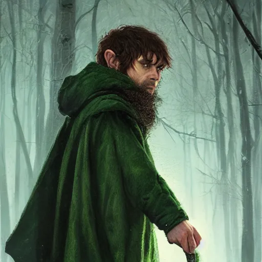 Prompt: a portrait of a handsome hobbit rogue wearing a dark green hood and a cloak in the forest, wearing adventure gear, ultra realistic, detailed, masterpiece, short hair cut, buzz cut hair, clean shaven, by Greg Rutkowski, trending on ArtStation