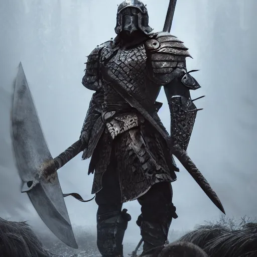 Image similar to photo brutal nordic Warrior, wearing intricate steel armor, holding magical fiery battle-axe, sharp focus, magical aura, heroic pose, fantasy style, octane render, volumetric lighting, 8k high definition, by greg rutkowski, highly detailed, trending on ArtStation, magical Battlefield background, centered