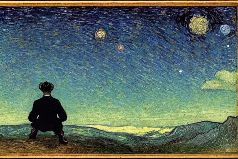 Image similar to a person looking at the night sky with stars, colorful, beautiful, national geographic, very detailed, astrophotography, oil painting, canvas, Theodor Kittelsen, Vincent van Gogh, Caspar David Friedrich