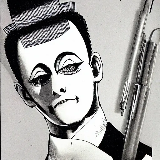 Prompt: a product photo ad of klaus nomi with a technical reed rollerball pen exacto knife by junji ito, ethereal eel