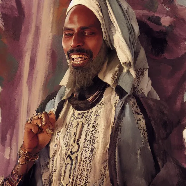 Image similar to somali man, somali attire, portrait, elegant, intricate, digital painting, artstation, concept art, smooth, sharp focus, illustration, art by konstantin korovin and daniel f. gerhartz and john howe