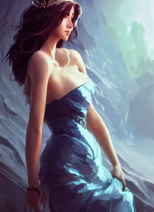 Image similar to beautiful fashion goddness, strapless dress, character portrait in the style of thomas river and artgerm, wlop, cinematic lighting, hyperdetailed, 8 k realistic, symmetrical, global illumination, radiant light, halo, love and mercy, frostbite 3 engine, cryengine, dof, trending on artstation, digital art, chanel