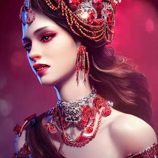 Image similar to photograph of wonderful princess with smooth fair skin, alluring eyes, red jewelry, breathtaking, elegant, ornate, intricate, hyper detailed, accent lighting, dramatic light, 4 k octane render