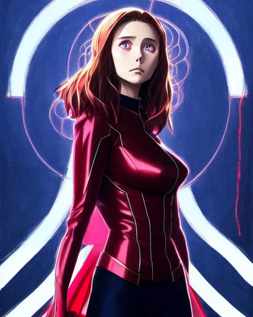 Prompt: Anime as Elizabeth Olsen playing Scarlet Witch || cute-fine-face, pretty face, realistic shaded Perfect face, fine details. Anime. realistic shaded lighting poster by Ilya Kuvshinov katsuhiro otomo ghost-in-the-shell, magali villeneuve, artgerm, Jeremy Lipkin and Michael Garmash and Rob Rey as Scarlet Witch in New York cute smile