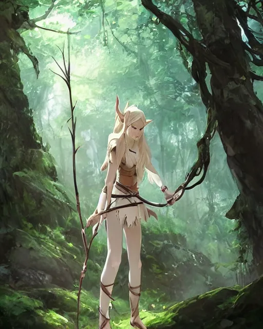 Image similar to a female elven tribe hunter, white standing in a green, luscious forest. Holding a bow in her left hand. Atmospheric lighting. By Makoto Shinkai, Stanley Artgerm Lau, WLOP, Rossdraws, James Jean, Andrei Riabovitchev, Marc Simonetti, krenz cushart, Sakimichan, D&D trending on ArtStation, digital art.