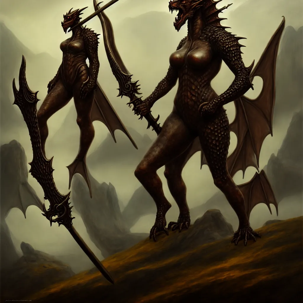 Prompt: anthromorphic dragon female wearing leather holding greataxe, detailed matte painting, oil on canvas, atmospheric, field of depth, fantasy, grim, dark, trending on artstation