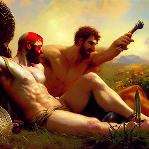 Prompt: ares the god of war tickles achilles the champion on a feather bed in a meadow, dionysus drinks wine in the background she is smirking, painting by gaston bussiere, craig mullins, j. c. leyendecker, tom of finland