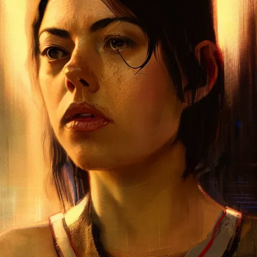 Image similar to aubrey plaza, hyperrealistic portrait, bladerunner street, art of elysium by jeremy mann and alphonse mucha, fantasy art, photo realistic, dynamic lighting, artstation, poster, volumetric lighting, very detailed face, 4 k, award winning