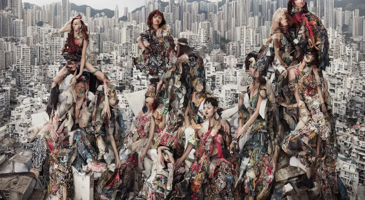 Prompt: fashion editorial portrait by jimmy nelson. on a roof. in hong kong