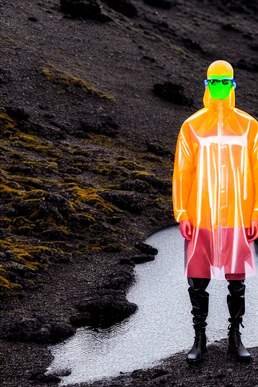 Image similar to an ultra high definition professional high fashion portrait studio full length photograph of a male model wearing a transparent pearlescent raincoat and neon visor in an icelandic black rock environment at dawn. no artefacts. extremely detailed. stark. refraction. shallow depth of field. volumetric light and shadow. ray tracing. light rays.