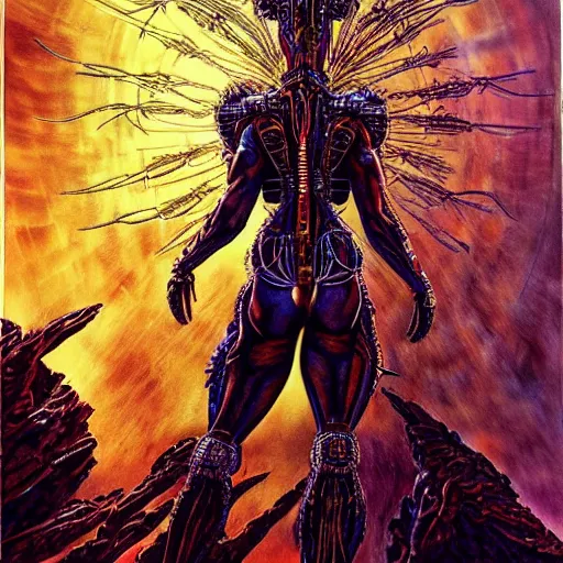 Prompt: cindy landolt as sci - fi priestess, atmospheric lighting, painted, intricate, golden hour, ultra detailed by philippe druillet