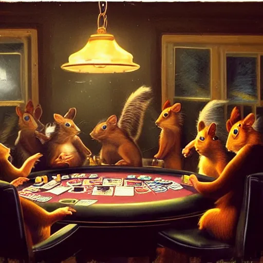 Prompt: still picture of a meeting of squirrels playing poker, high tension, in public, dramatic lighting, perfect movie shot, macro