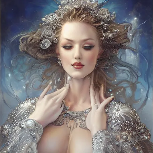 Image similar to a beautiful woman wearing a white dress made of silver with jewelry and diamonds by karol bak, ayami kojima, sakimichan, arabian blue eyes, smile, concept art, fantasy