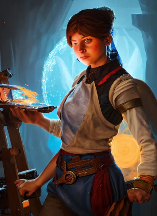 Image similar to An epic fantasy comic book style portrait painting of a young tinker girl working on a device in her workshop in the style of the wheel of time, unreal 5, DAZ, hyperrealistic, octane render, cosplay, RPG portrait, dynamic lighting