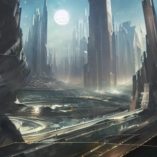 Prompt: The biggesta sci-fi book written entirely fictional universe of science and technology, 8k resolution matte painting trending on artstation A beautiful matte painting of an art deco city by going white, quantum wavetracing the fabric