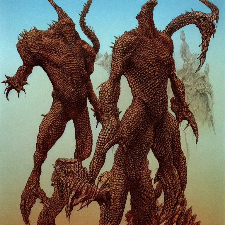 Image similar to a full body portrait of lizardman warrior concept, tribal, portrait by beksinski and moebius, background by moebius