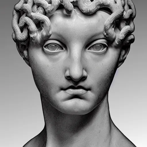 Image similar to medusa sculpture hyperrealistic style made by michelangelo, made with carrara marble