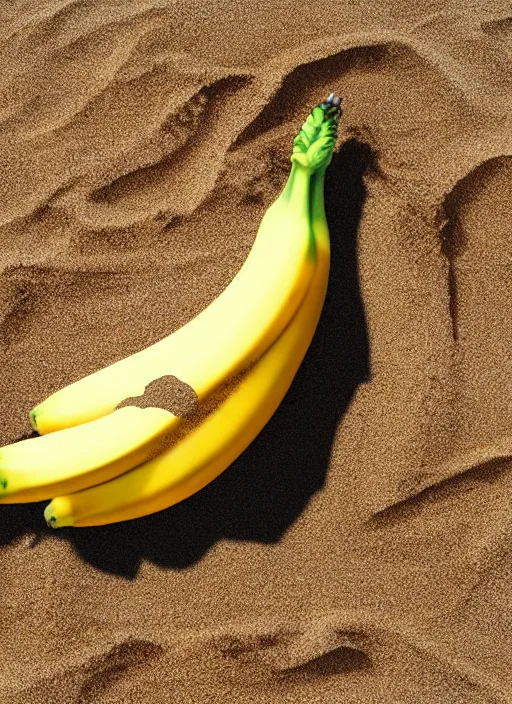 Image similar to godzilla as a banana on the sand of a beach