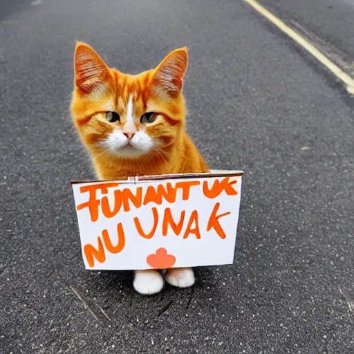 Image similar to a cute fluffly orange tabby cat holding a sign that says