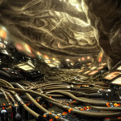 Prompt: a cave with many computers and piles of modular synth cables, by cameron gray, wlop, stanley kubrick, masamune, hideki anno, unique perspective, trending on artstation, 3 d render, smooth render