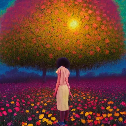 Image similar to afro made of flowers, girl standing in a field with flowers, surreal photography, hills, big trees, sunrise dramatic light, impressionist painting, colorful clouds, digital painting, pointillism, artstation, simon stalenhag