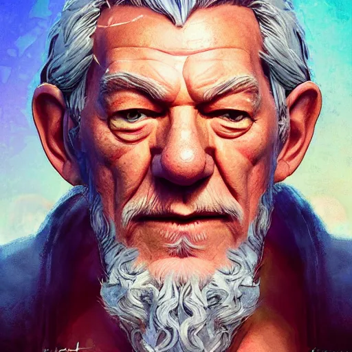 Image similar to Portrait of Ian McKellen as Zeus, the greek god, mattepainting concept Blizzard pixar maya engine on stylized background splash comics global illumination lighting artstation lois van baarle, ilya kuvshinov, rossdraws