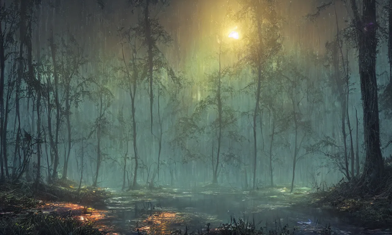 Prompt: Beautiful forest river in the night, cyberpunk color scheme, hyperdetailed twigs and plants, moonlit nightscape, bioluminiscent fireflies, layered fog, moody lighting, photorealistic digital arts, artstation HD, 8K