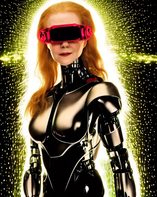 Image similar to centered portrait of soulful young nicole kidman as a solarpunk mecha humanoid robotic parts wearing crystal goggles with bright led lights, real human face, pudica gesture bouguereau style, in white room, ultra - realistic and intricate, soft portrait shot 8 k