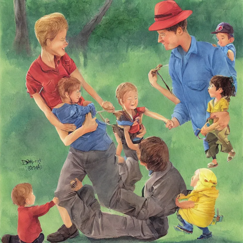 Prompt: small child swung between a mommy and a daddy at a zoo, award winning illustration by Don Freeman