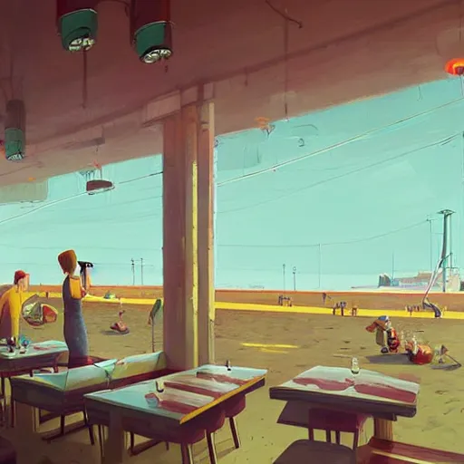 Image similar to inside diner at the beach by simon stalenhag