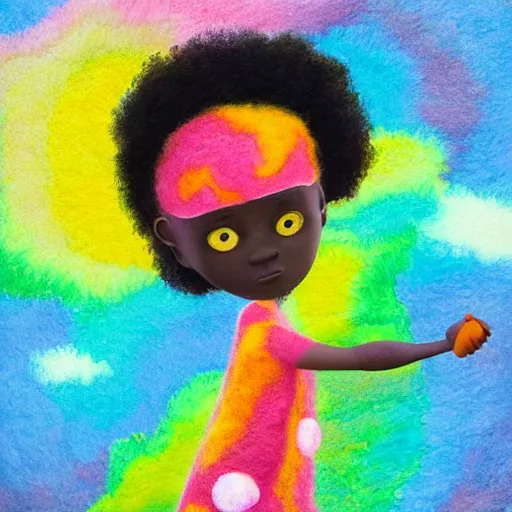 Image similar to a black girl with a colorful afro and rainbow eyes, at the beach, sunset, bright colours, watercolor, volumetric wool felting, macro photography, children illustration, by goro fujita