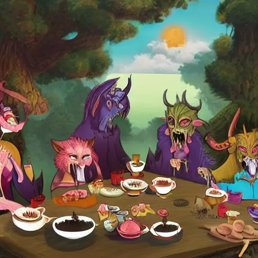 Prompt: a group of demons have a pleasent tea party on a sunny day