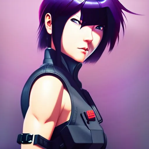 Prompt: motoko kusanagi with a gun in her hand, a character portrait by ilya kuvshinov, rossdraws, artgerm, sola digital arts, anti aliasing, trending on pixiv, sots art, official art, pixiv, anime raytracing