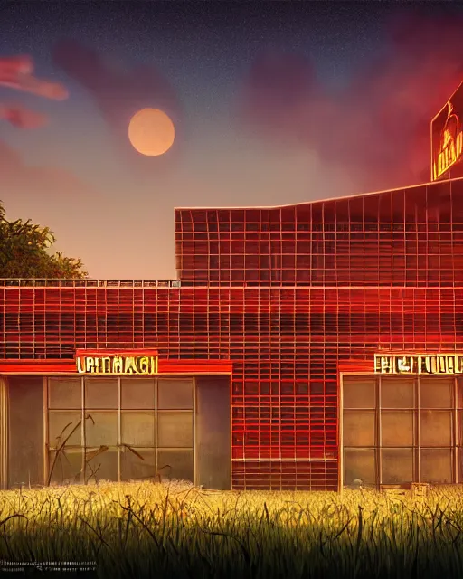 Image similar to a beautiful photorealistic illustration of urbex nature fire station building abandoned unfinished building by renzo piano, liberty city infrared cosmic at dusk neon signs at dawn otherworldly at fall azeroth meadow cgsociety vice city alien rainforest studio ghibli fantasy mercury lake retro, archdaily, wallpaper, highly detailed, trending on artstation.