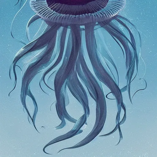 Prompt: illustrious atmospheric illustration of a jellyfish floating underwater by xi zhang, pinterest, 2 d art, concept art, blue pigment, waves