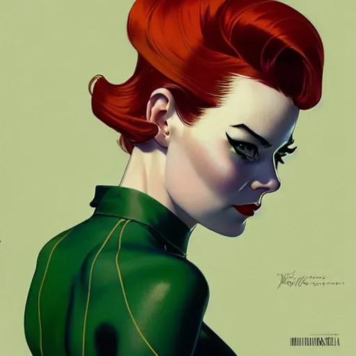 Image similar to joshua middleton, phil noto, norman rockwell, artgerm, 1 9 5 0 s rockabilly emma stone poison ivy dc comics, pompadour, vines, symmetrical eyes, city rooftop