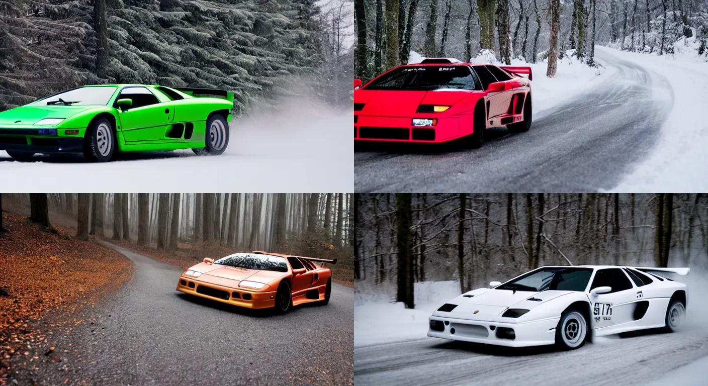 Prompt: a 1 9 9 9 lamborghini diablo gtr, racing through a rally stage in a snowy forest