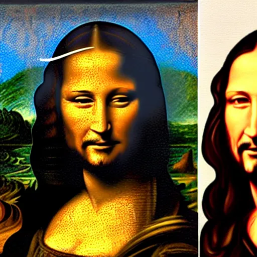 Image similar to painting of keanu reeves in the style of mona lisa, painting by leonardo da vinci