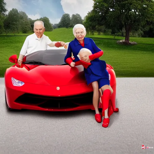 Image similar to 0 8 s photo of elder couple, pose like the new sweet lover in the paddle field with red super car, photo realistic, high - detail,