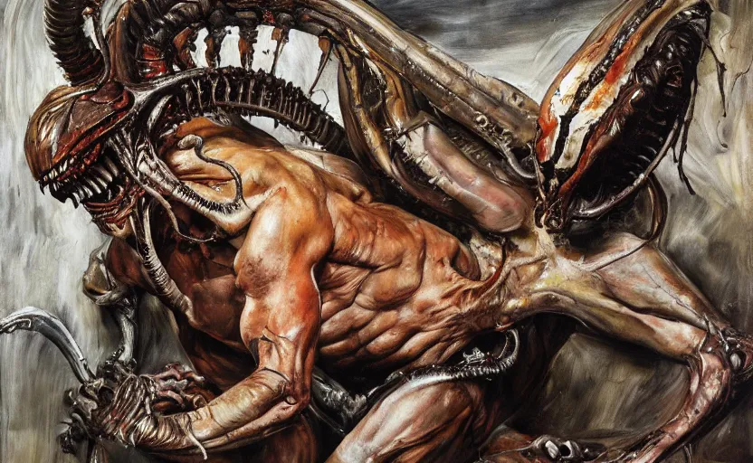 Image similar to high quality high detail painting by lucian freud and frank frazetta and jenny saville, hd, xenomorph predator, muted colors, cinematic