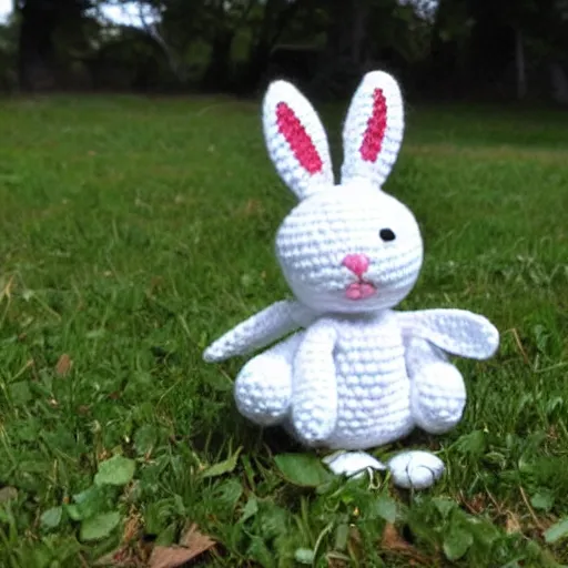 Prompt: cute crocheted plush toy of a white bunny