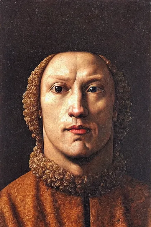 Image similar to renaissance 1 6 0 0 portrait of dwyane the rock, oil painting by jan van eyck, northern renaissance art, oil on canvas, wet - on - wet technique, realistic, expressive emotions, intricate textures, illusionistic detail