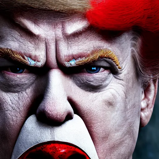 Image similar to donald trump as a clown! in gears of war, splash art, movie still, cinematic lighting, ray tracing, detailed clown face!, octane render, long lens, shallow depth of field, bokeh, anamorphic lens flare, 8 k, hyper detailed, 3 5 mm film grain