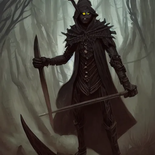 Prompt: A spindly young man in a witch’s hat and black clothing steps out of the shadows with a spear in his hand, DnD character art portrait, matte fantasy painting, Deviant Art, Artstation, by Jason Felix, by Steve Argyle, by Tyler Jacobson, by Peter Mohrbacher, cinema.