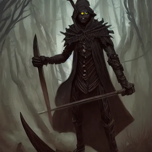 Image similar to A spindly young man in a witch’s hat and black clothing steps out of the shadows with a spear in his hand, DnD character art portrait, matte fantasy painting, Deviant Art, Artstation, by Jason Felix, by Steve Argyle, by Tyler Jacobson, by Peter Mohrbacher, cinema.