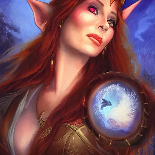 Image similar to Character portrait, face close up: Half Elf Female Celestial Warlock (with imp familiar). Tori Amos avenging angel. In the style of Ralph Horsley